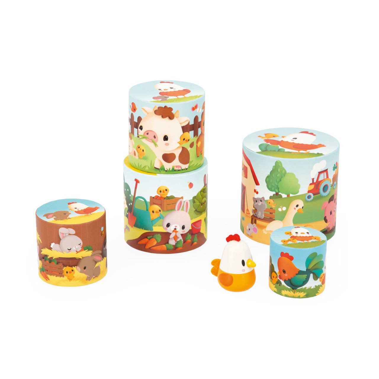 Pirámide apilable forma circular, con gallinita de madera y con piezas grandes, para desarrollar motricidad - Mimú