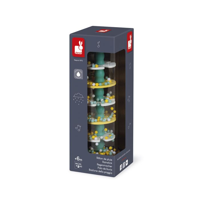 Palo de lluvia para bebés con bolitas de colores que producen sonido relajante. Janod Pure en Mimú