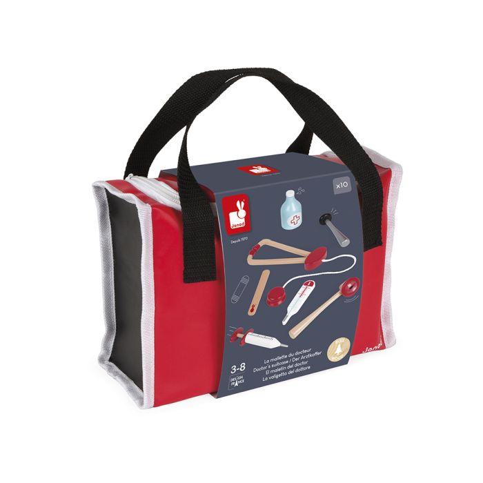 Kit de médico infantil en maletín con cremallera, incluye 10 piezas de juego. Producto de Janod en Mimú