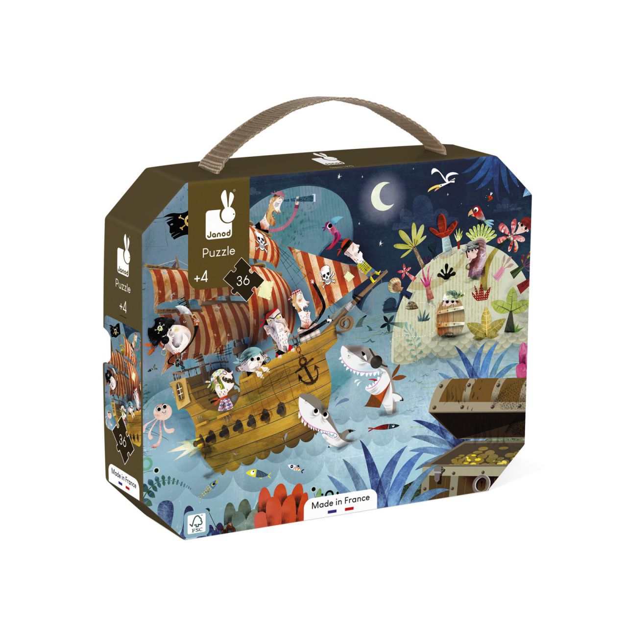 Puzle infantil de 36 piezas con temática pirata, maletín Janod en Mimú
