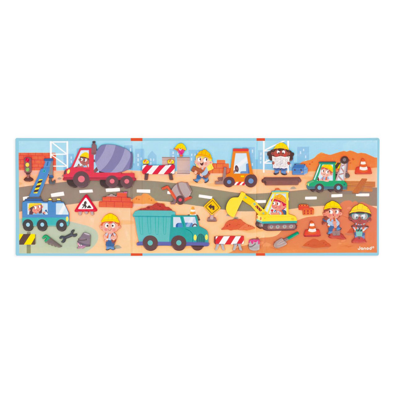 Juego magnético Magneti´stories la obra de Janod, ideal para construir historias de obreros y camiones, desarrollando lenguaje. Mimú