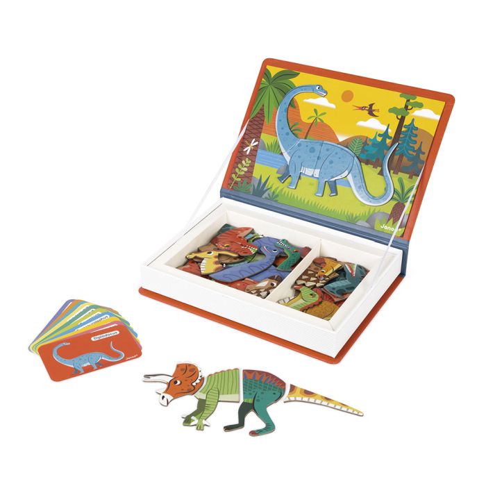 Magneti´book educativo para niños y niñas sobre dinosaurios, piezas magnéticas para aprender jugando. En Mimú