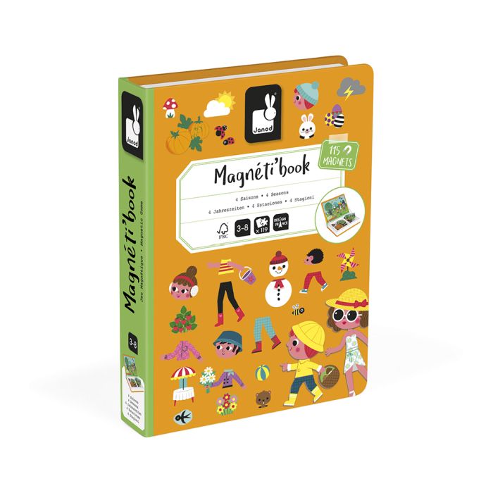 Magneti´book Las 4 estaciones de Janod. Libro magnético para niños con fichas de ropa, clima y actividades según estación. Mimú tienda creativa