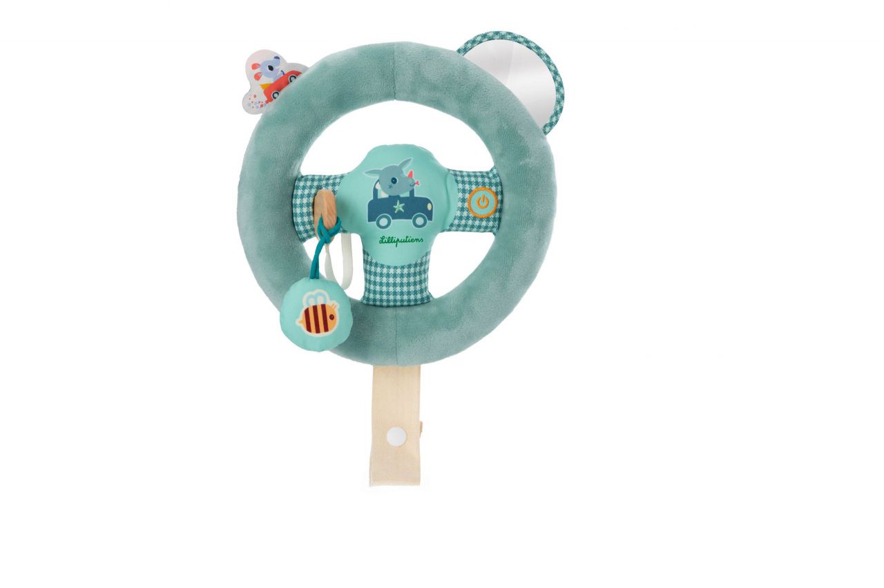 Peluche educativo Joe al volante con volante interactivo, disponible en Mimú