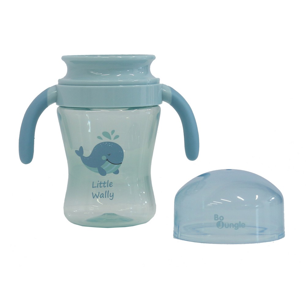 Vaso 360 celeste con diseño de ballena, ideal para aprender a beber en vaso