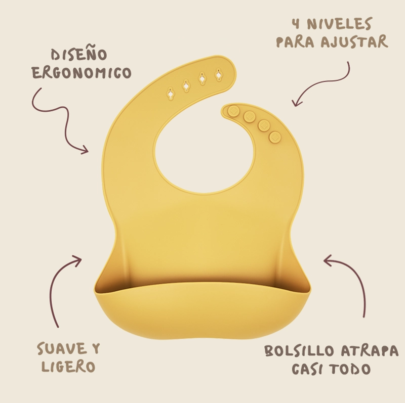 Babero bebés con diseño ergonómico, silicona libre BPA, suave y ligeros, 4 niveles para ajustar y bolsillo atrapa casi todo. Mimú