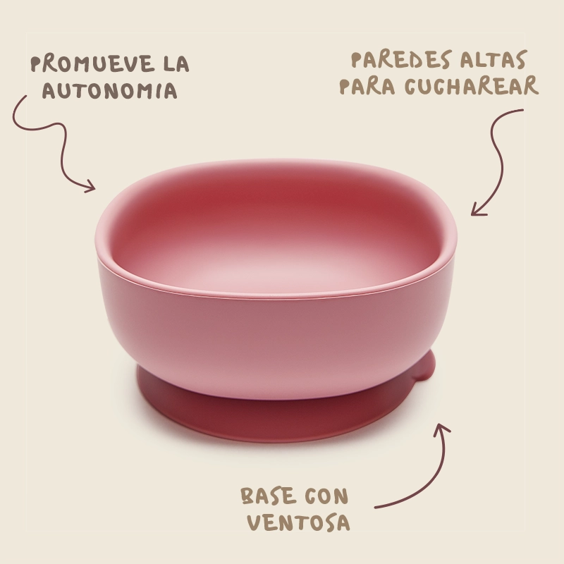Cuenco Bruno que promueve la autonomía con paredes altas y ventosa en la base. Mimú