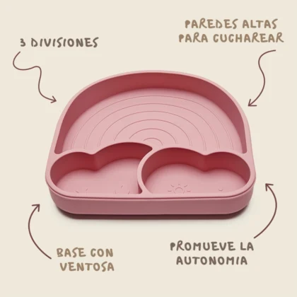 Plato Cris el Arcoíris Little Hina rosa, silicona con ventosa y tres compartimentos para ordenar alimentos. Divertido para tu bebé. Mimú bebés Jerez
