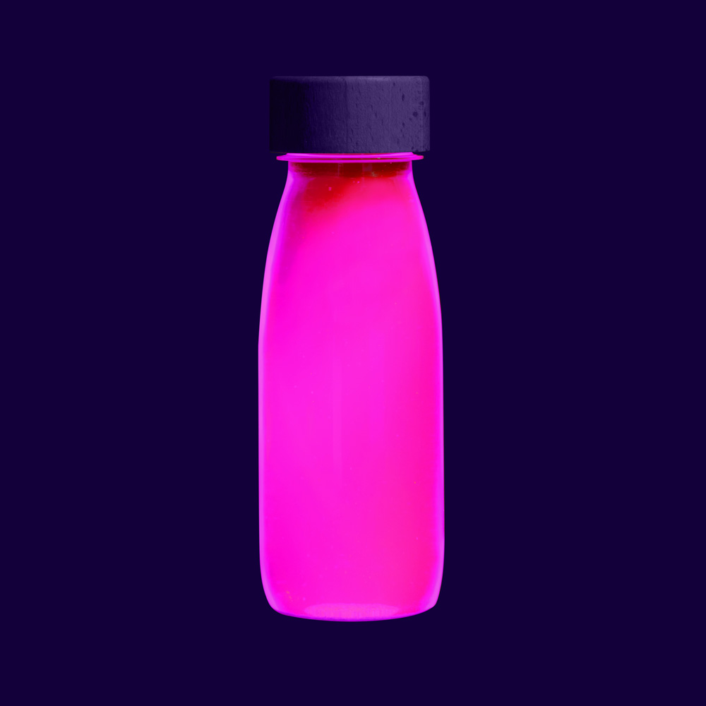 Botella sensorial fluor rosa, con líquidos brillantes para estimular la vista y la curiosidad, sin pantallas. Mimú Jerez
