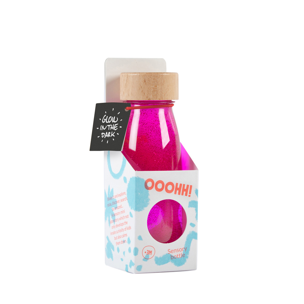 Botella sensorial fluor rosa, con líquidos brillantes para estimular la vista y la curiosidad, sin pantallas. Petit Boum en Mimú bebés Jerez