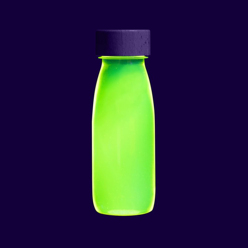 Botella sensorial fluor amarilla, con líquidos brillantes para estimular la vista y la curiosidad, sin pantallas. Petit Boum en Mimú
