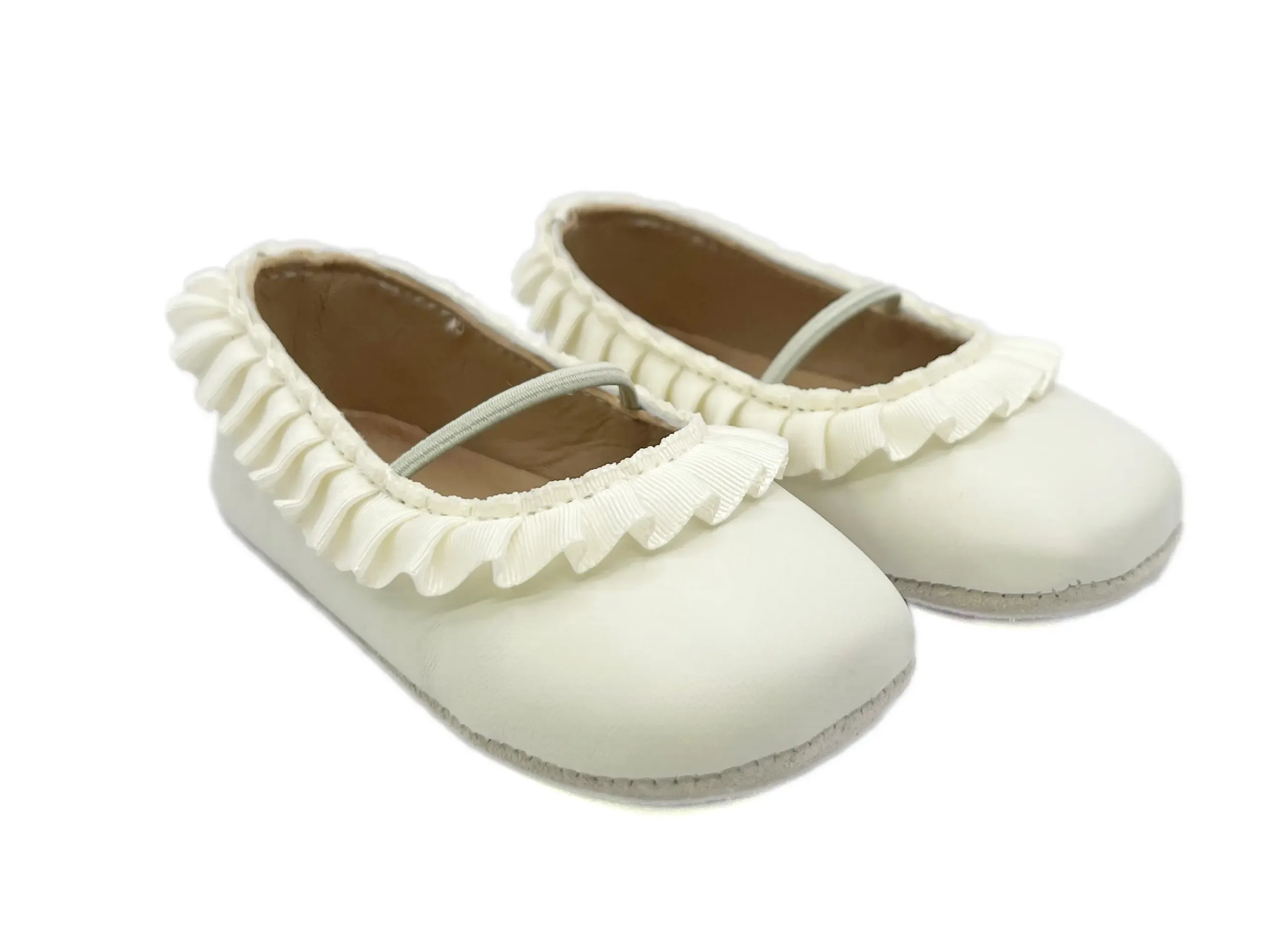 Merceditas Flamenca crudo Zapato Molón, piel suave con volantito, suela flexible respetuosa. Mimú bebés Jerez