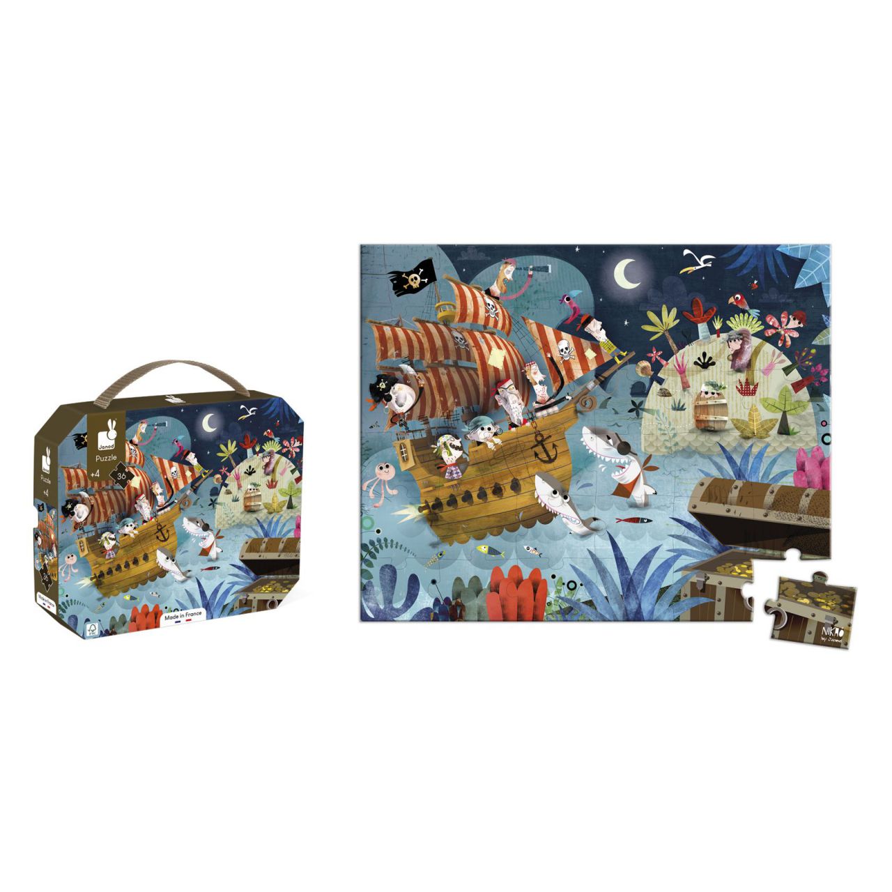 Maletín Puzle piratas en busca del tesoro de Janod, ideal para regalar a peques exploradores - Mimú