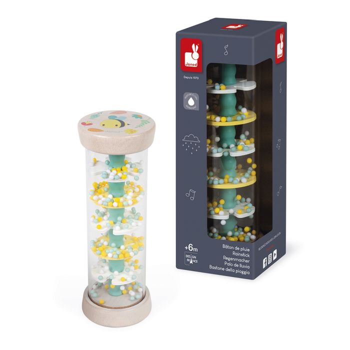 Juguete sensorial musical: palo de lluvia de Janod, perfecto para manos pequeñas. Mimú bebés Jerez