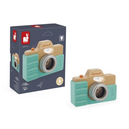 Cámara de fotos de madera Janod para juego simbólico, disponible en Mimú Jerez