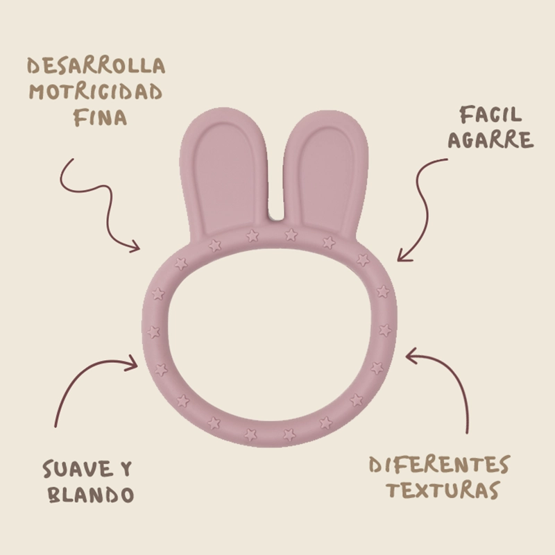 Mordedor bebé silicona rosa, alivio encías. Mimú bebés Jerez