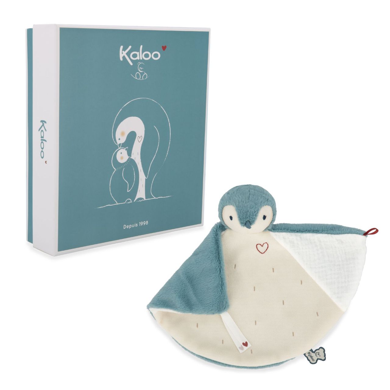 Doudou pingüino verde Kaloo, ideal como primer peluche para bebé. Mimú bebés Jerez