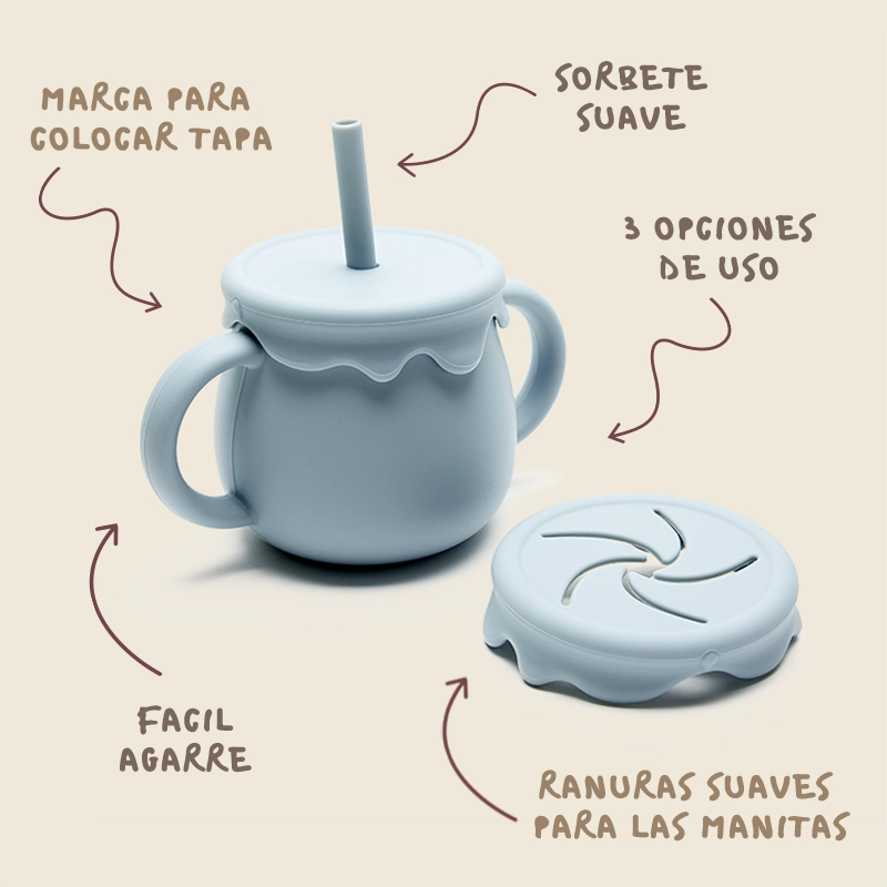 Taza Molly con tres opciones uso, para beber con cañita, aprender a succionar, con tapa porta snack para ganar autonomía e igual que el desarrollo del bebé va cambiando al final puede usarla sin tapa. Mimú bebés Jerez
