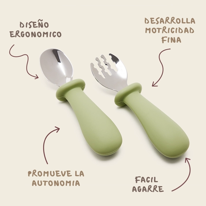 Cubiertos Sam Mimú, diseño ergonómico, desarrolla motricidad fina, fácil agarre y promueve la autonomía