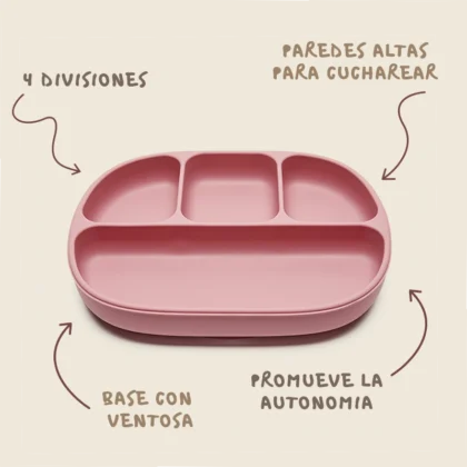 Plato Steve rosa con 4 divisiones, paredes altas para cucharear, base con ventosa, promueve la utonomía y desarrollo. Mimú
