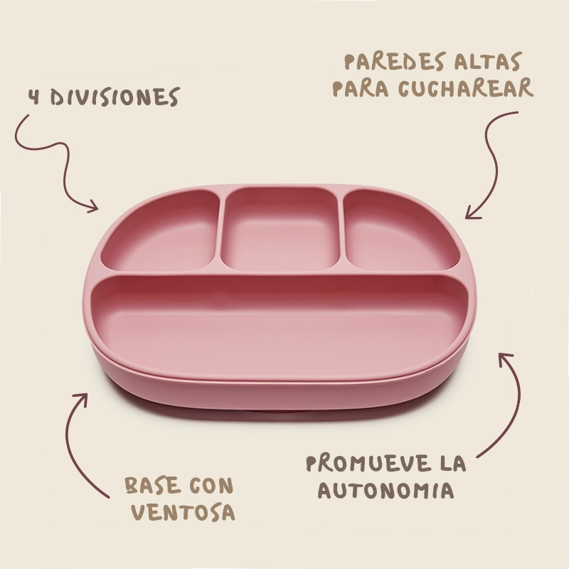 Plato Steve rosa con 4 divisiones, paredes altas para cucharear, base con ventosa, promueve la utonomía y desarrollo. Mimú