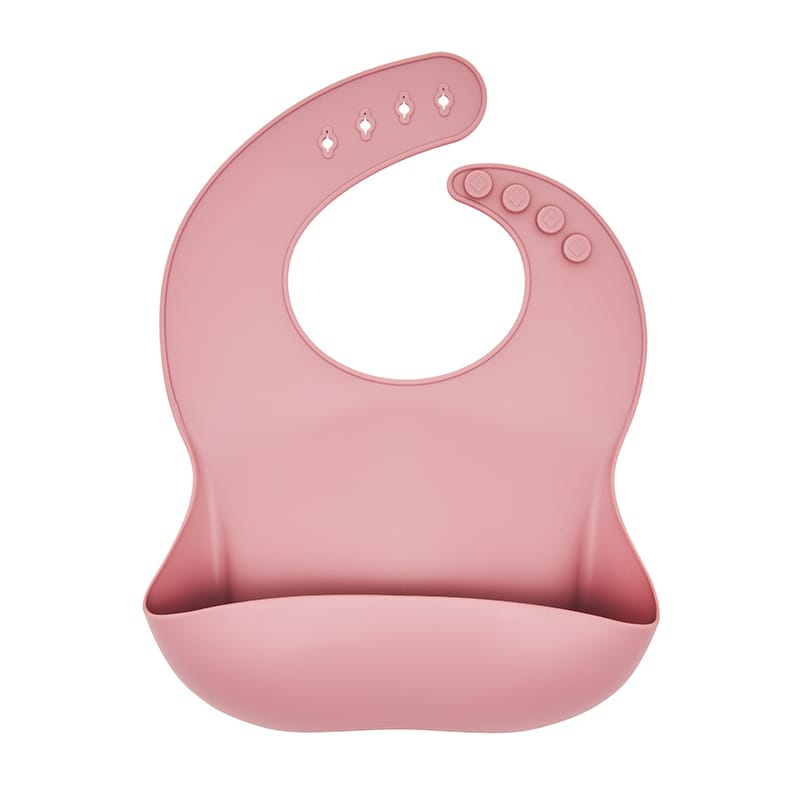 Babero rosa silicona con bolsillo, autonomía y menos manchas, ajustable, sin BPA y fácil de limpiar. Little Hina Mimú bebés Jerez