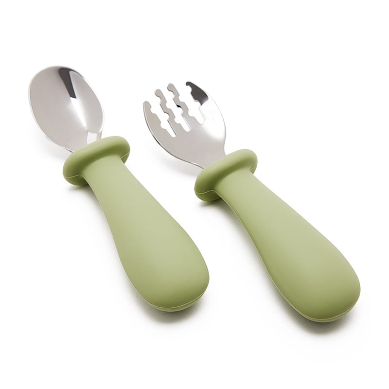 Cubiertos Sam verde Little Hina, mango silicona, aprendizaje comer solo BLW. Mimú bebés Jerez