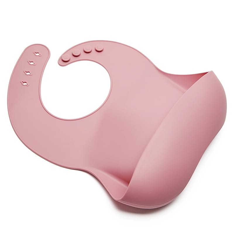 Babero BLW silicona rosa atrapa restos, para primeras comidas y snach, ideal para aprender a comer solo, seguro. Mimú bebés