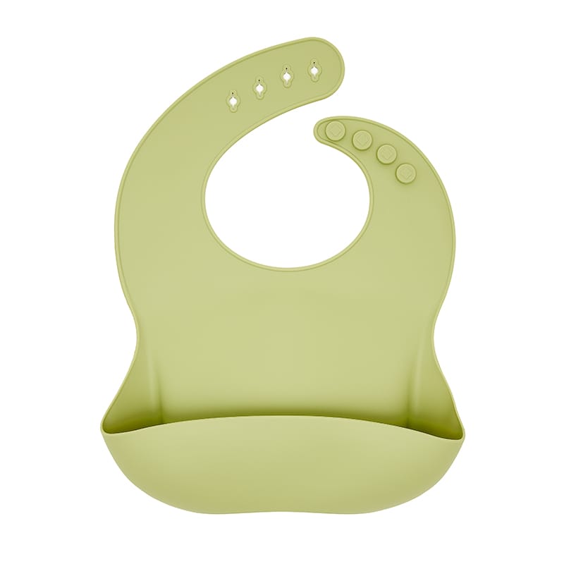 Babero verde silicona con bolsillo, baby led weaning sin derrames. Little Hina Mimú bebés Jerez