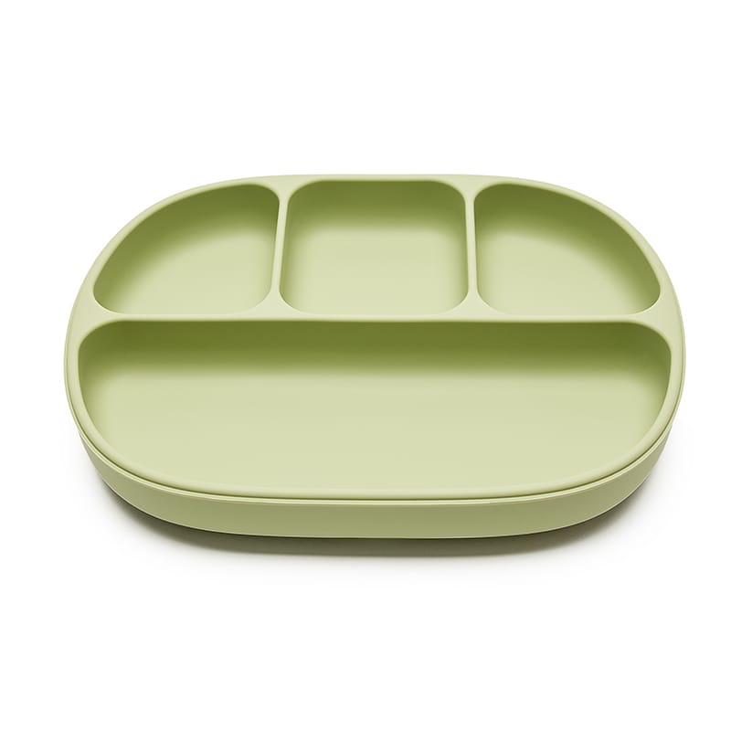 Plato Steve verde silicona con ventosa, 4 compartimentos y tapa flexible. Little Hina Mimú bebés Jerez