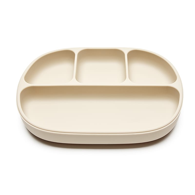Plato Steve beige silicona con ventosa y tapa, compartimentos para separar alimentos. Little Hina Mimú bebés Jeez