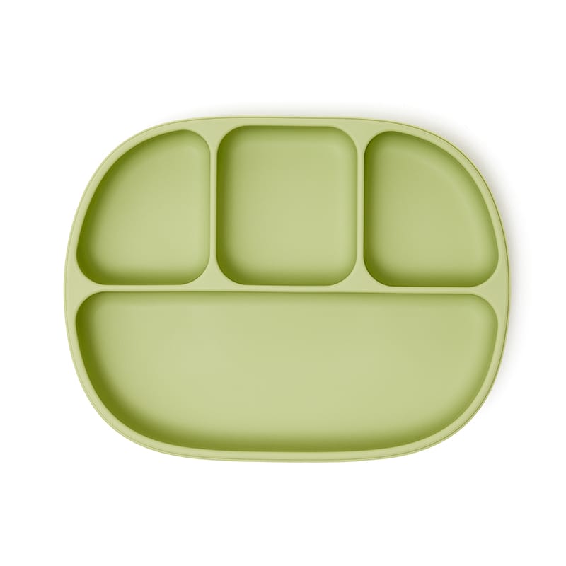 Plato Steve verde con ventosa y divisiones, perfecto para frutas y snacks. Little Hina Mimú