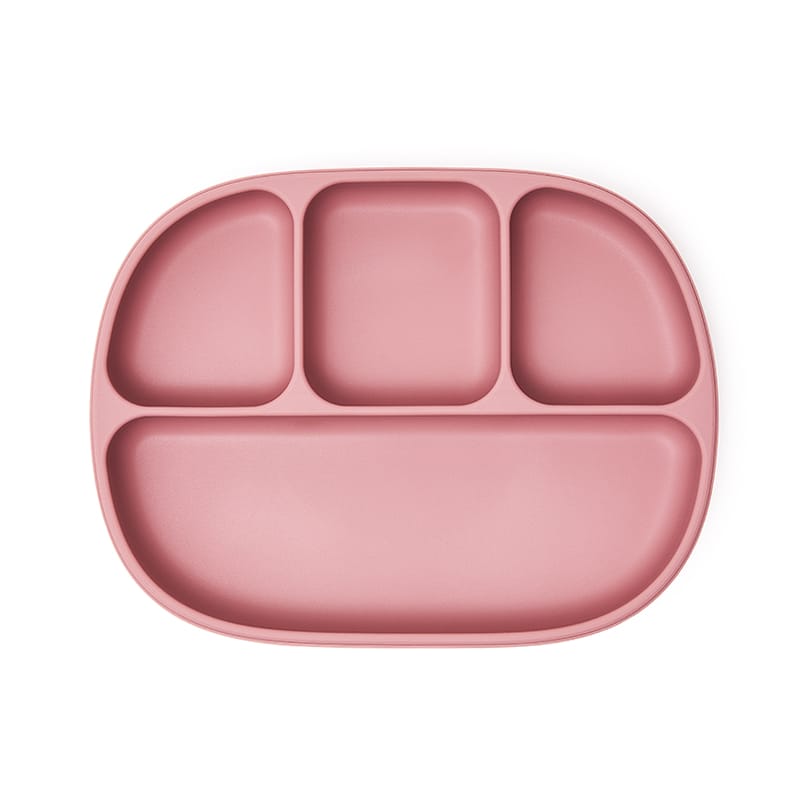 Plato Steve color rosa con ventosa, tapa semitransparente y divisiones. Mimú