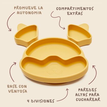 Plato infantil mapache Little Hina, silicona con ventosa y compartimentos, ideal BLW en Mimú bebés Jerez