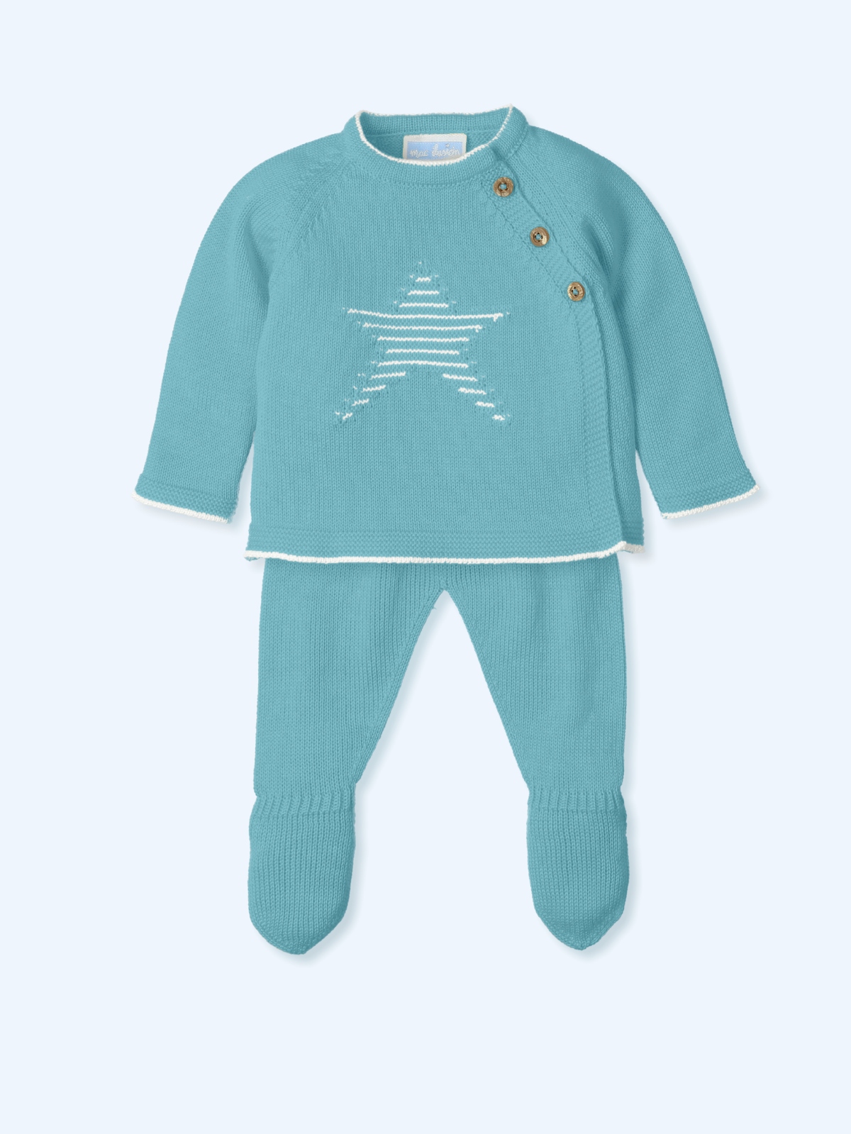 Conjunto de punto bebé verde agua con jersey cruzado y polaina con pie cubierto, detalle estrella, Mac Ilusion en Mimú bebés
