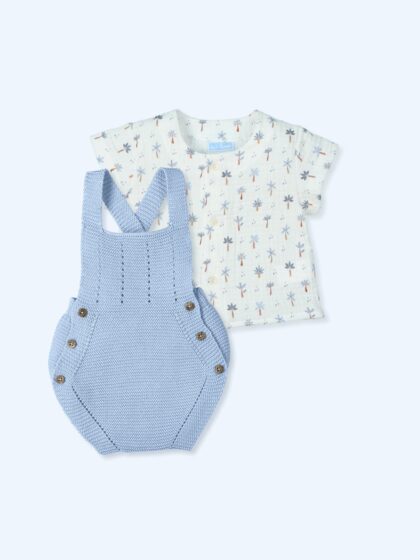 Peto de punto azul azafata con camisa estampado palmeras de manga corta, conjunto veraniego bebé, Mac Ilusion en Mimú bebés Jerez