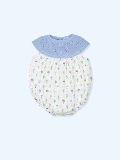 Pelele bebé estampado palmeras con cuello de punto azul azafata, última unidad talla 12 meses, Mac Ilusion en Mimú bebés