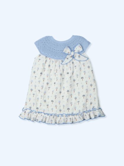 Vestido bebé punto y algodón azul azafata con estampado palmeras, verano, Mac Ilusion en Mimú bebés Jerez
