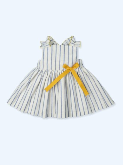 Vestido bebé rayas azules tirantes cruzados con detalles en amarillo, estilo veraniego, Mac Ilusion en Mimú bebés Jerez