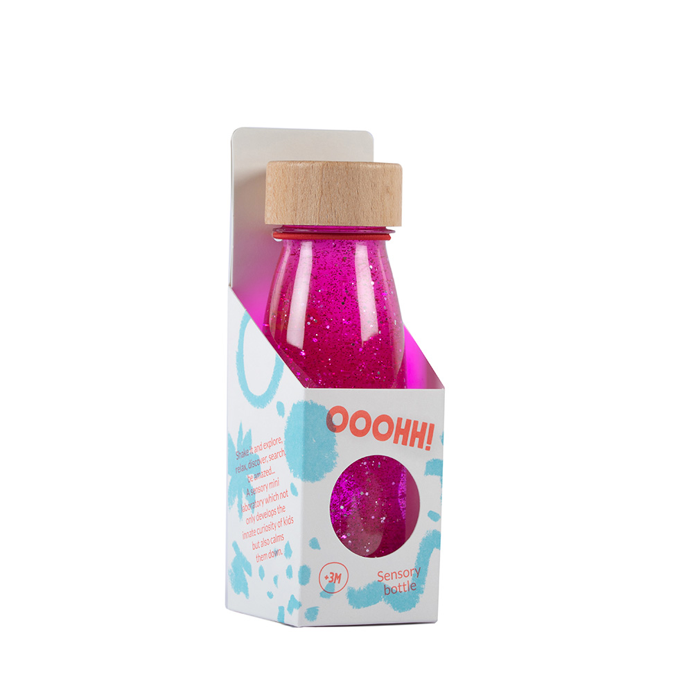 Botella sensorial float color rosa, con purpurina, líquido y elementos flotantes, ideal para relajación y concentración en bebés. Mimú Jerez