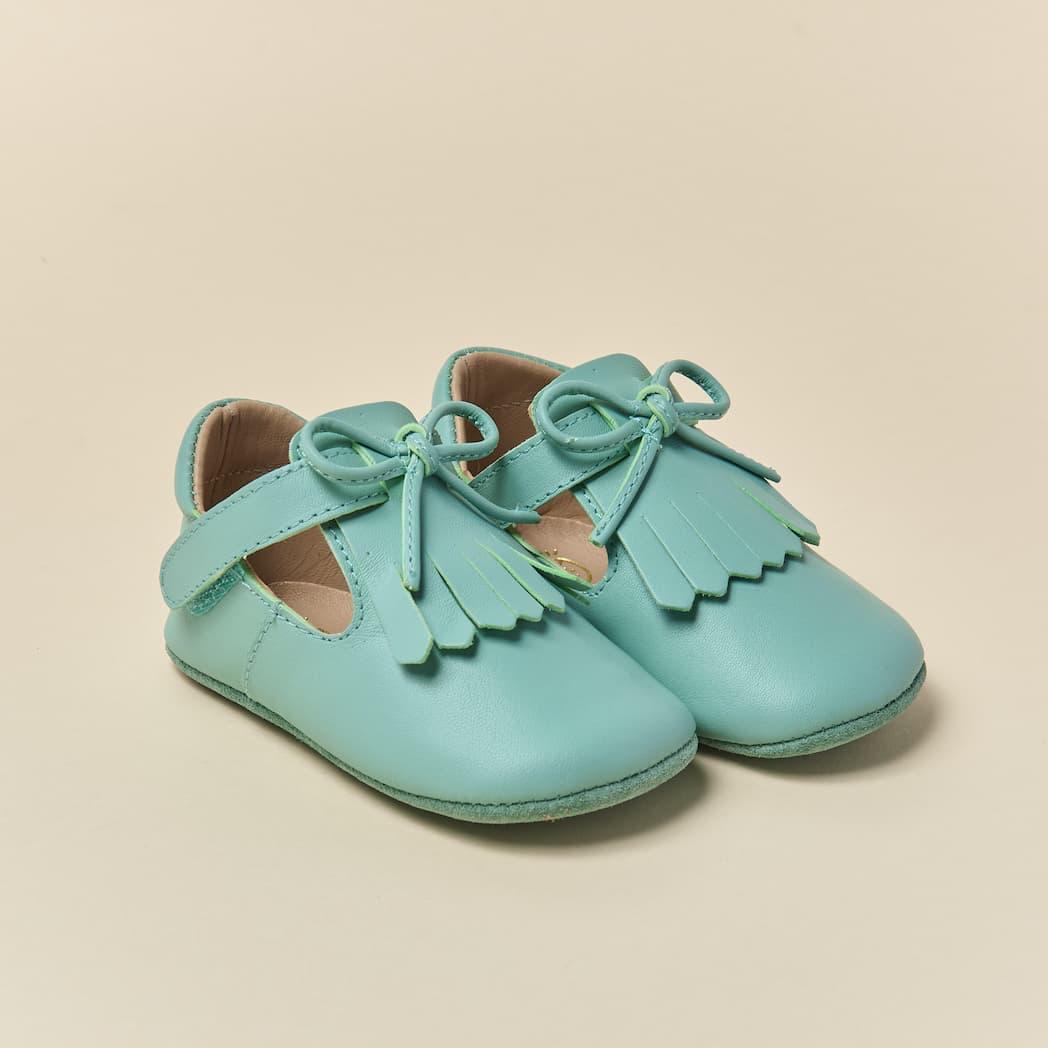 Zapatos respetuosos Principito verde agua para bebé en piel, suela blanda ergonómica. Zapato Molón en Mimú Jerez