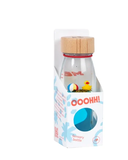 Botella sensorial move patito, con elementos flotantes, ideal juego tranquilo y concentración en bebés y niños y niñas. Mimú
