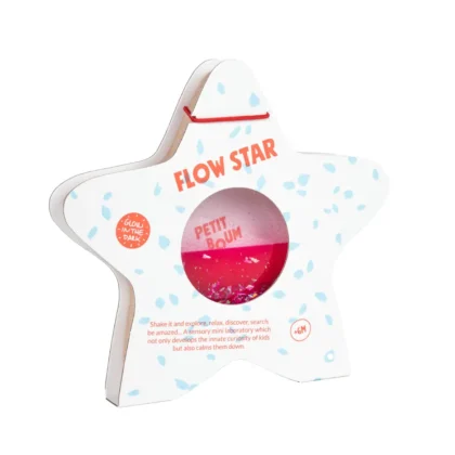 Juguete sensorial flow star rosa, estrella con líquidos y brillos para concentrarse y relajarse. Petit Boum en Mimú bebés Jerez