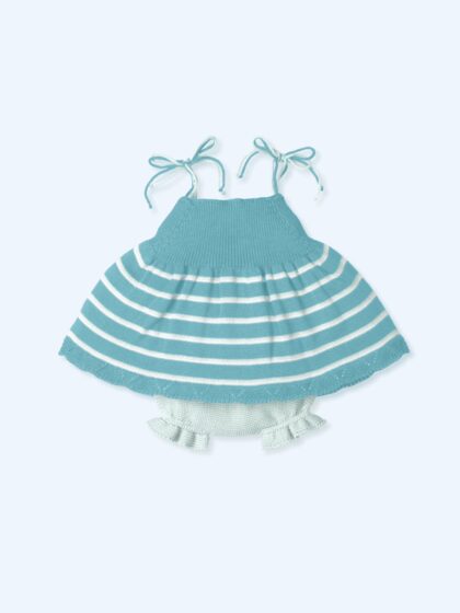 Jesusín o jesusito con braguita para niña de Mac Ilusion, en punto con tirantes ajustables de rayas y braguita lisa en tonos turquesas. Mimú bebés Jerez