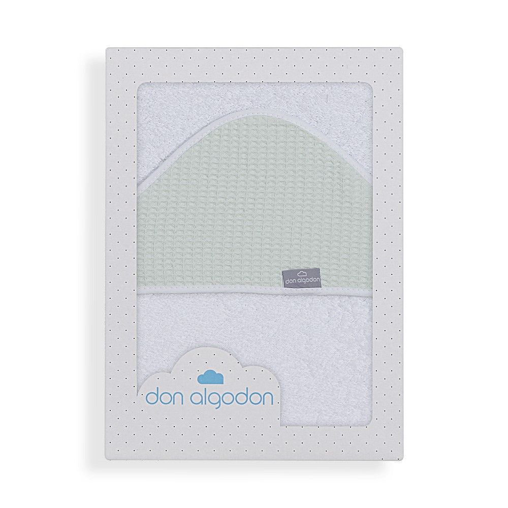 Capa de baño infantil blanca con capucha verde, grande 100% algodón, de Don Algodon. Mimú bebés Jerez