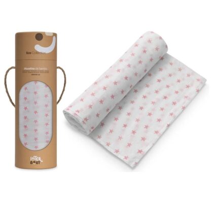 Muselina de algodón blanco y rosa, ideal para arrullo o lactancia. Mimú bebés Jerez