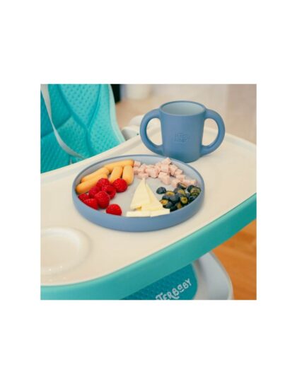 Vajilla de aprendizaje infantil de 4 piezas: cuenco, cuchara, plato y taza con dos asas, color azul.