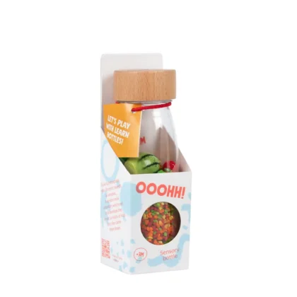 Botella sensorial sonora frutas Petit Boum con arroz de colores - Mimú