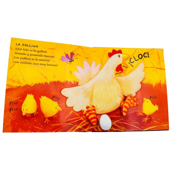 Pagína abierta del libro La Gallina Feliz con pop-up resistente, disponible en Mimú
