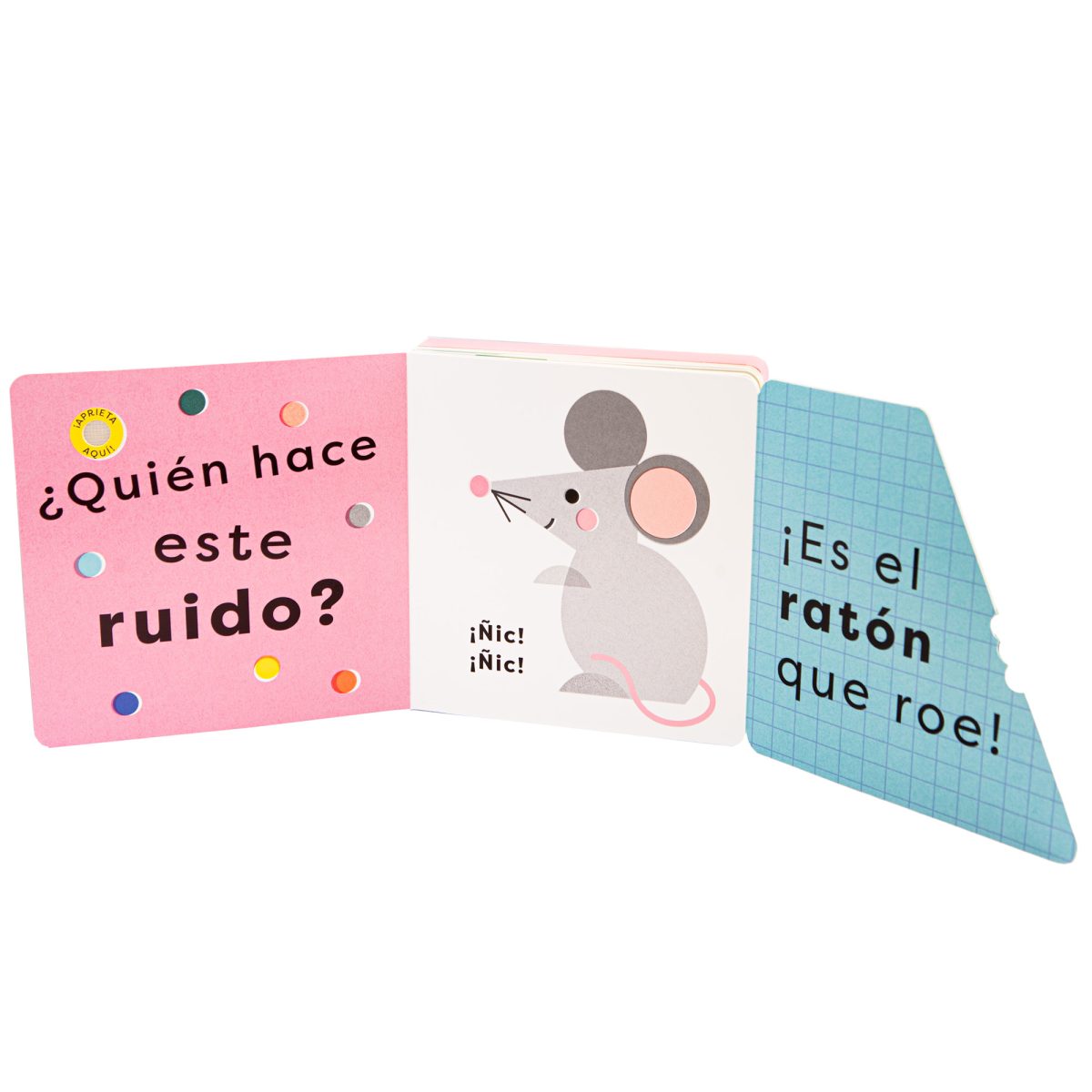 Detalle del libro sensorial de Combel con sonidos, solapas y espejo, ideal para primeras edades en Mimú